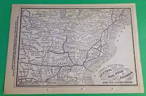 Rare 1876 CENTRAL RAILROAD OF GEORGIA Railway Routes & Connections Print Map - Picture 1 of 7