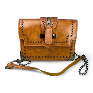 Boho Handmade Brown Leather Baseball Stitch Accent Purse Crossbody Chain - Picture 1 of 8