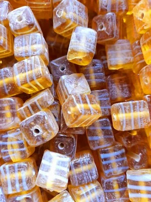 10x lampwork glass beads 12mm square yellow with white stripes (b1930) - Image 1 of 2