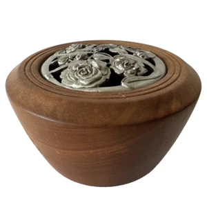 Natural Wooden Potpourri Bowl Hand Turned Metal Roses Stash Decor Rare Find - Picture 1 of 10
