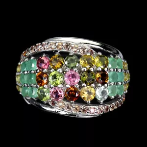 925 Sterling Silver Ring Round Tourmaline Emerald Sapphire Gemstone Jewelry 8.5 - Picture 1 of 13