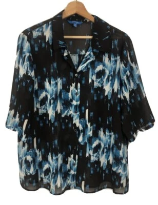 Blusa Derek Lam Mujer XL Negra Azul Floral Abotonada Manga Corta Transparente Foto 1 de 4