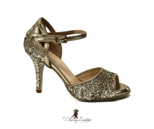 SCARPA DA BALLO DONNA SALSA LATINO TANGO IN GLITTER ORO TACCO 9,5 CM - Foto 1 di 4