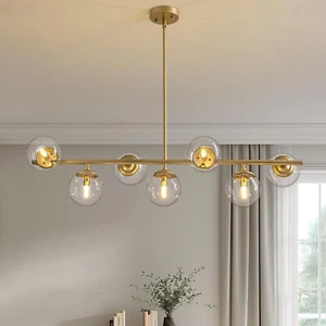 Gold Linear Chandelier, Kitchen Island Pendant Lighting Fixture, 7 Lights Glass - Picture 1 of 9