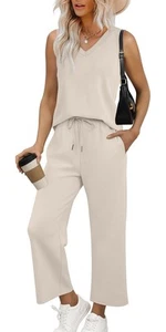 2 Piece Sets for Women Dressy Lounge Wear Summer V Neck Matching Sets Wide Le... - Picture 1 of 6
