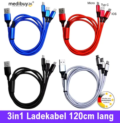 Ladekabel 3in1 für Samsung schnell Typ C Micro USB IOS Huawei Xiaomi laden Kabel - Bild 1 von 4