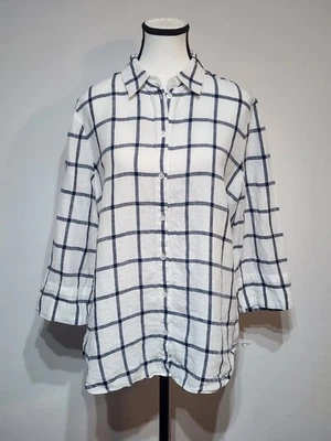 Lafayette 148 100% Linen Blouse Sz L Button Front Windowpane Check Collared Neck - Image 1 of 4