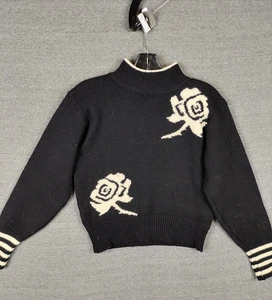 Jeane Pierre Womens Sweater Small Black Floral Rose Lambswool VTG Rene Tener - Picture 1 of 8