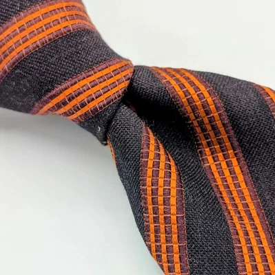 Gravata ERMENEGILDO ZEGNA laranja queimado marrom listrada lã arranhada seda texturizada - Imagem 1 de 4