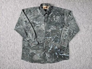 Vintage Funky Silk Shirt Men Size L 90s Button Up Green Medallion Long Sleeve - Picture 1 of 8