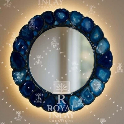 Espejo redondo rebanada de ágata azul de 18" - Espejo de pared de piedras preciosas hecho a mano de lujo - Retroiluminado Foto 1 de 4