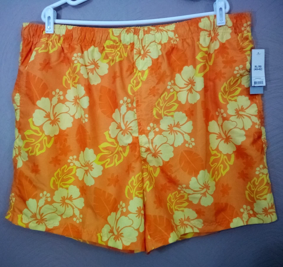 NEW FADED GLORY~Orange HAWAIIAN PRINT SWIM TRUNKS~Men's XL NWT - Image 1 of 4