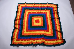 Handmade Knit Afghan Crochet Multicolored Rainbow Square Blanket Throw Retro - Picture 1 of 3