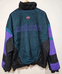 Adidas Puffer Jacket Black Purple Green Mens XL Vintage Trefoil Mesh LayerTrack - Picture 1 of 11
