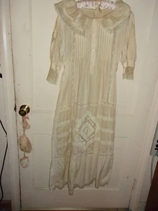 Antique Edwardian Dress 1910 Hand Embroidered Lace Tea White Muslin Cotton - Picture 1 of 10