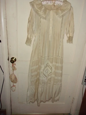 Antiguo Vestido Eduardiano 1910 Bordado a Mano Encaje Té Muselina Blanca Algodón Foto 1 de 4