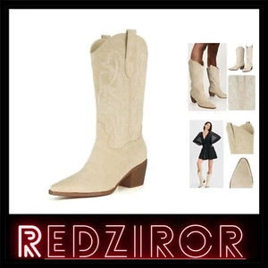 Embroidered Knee-High Cowgirl Boots for Women - Stylish Chunky Block Heel - Picture 1 of 8