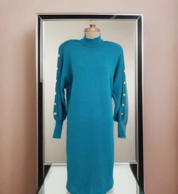 Vestido Suéter Vintage Años 80 ANTONELLA PREVE Lana Bl. S Verde Azulado Manga Larga Dolman Foto 1 de 4