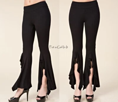 Nuevo PANTALÓN PALAZZO ACAMPANADO CON VOLANTES BOHO NEGRO VOCAL EE. UU. LEGGINGS S M SALSA Foto 1 de 4