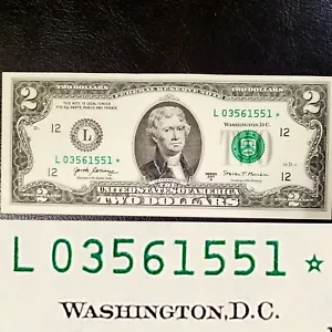 STAR NOTE UNCIRCULATED 2017A $2 SERIAL NUMBER L03561551* - Picture 1 of 3