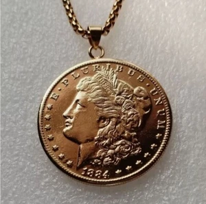 Vintage Pendant with United States Morgan Dollar 1884 CC Gold Plated Coin 38.1mm - Picture 1 of 4