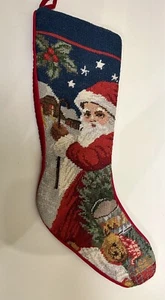 Needlepoint Santa & Toys Stocking Vintage Wool Christmas Red Velveteen Holiday - Picture 1 of 8