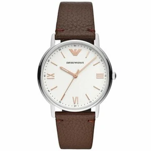 Emporio Armani AR11173 Silver Tone White Dial Brown Leather Band Mens Watch - Picture 1 of 2