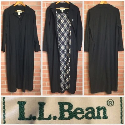 Trench coat vintage LL Bean feminino preto comprimento total com botões forro xadrez tartan M - Imagem 1 de 4