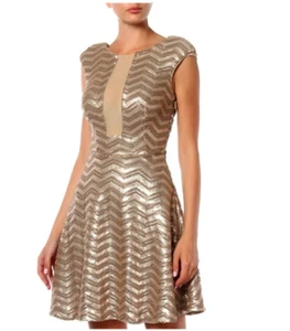 BEBE Sz S Frosty Zig-Zag Sequin Flare Dress Gold Sequin Stretch Sleeveless 167D - Picture 1 of 13