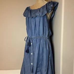 Tommy Bahama NWT Large Chambray Midi Dress Ruffles Off The Shoulder Denim Summer - Picture 1 of 16
