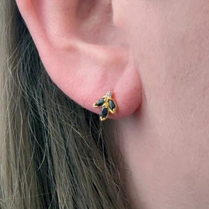 Natural Sapphire Earrings Gold Plated Sterling Silver Ink Blue Gem Small Diamond - Picture 1 of 9