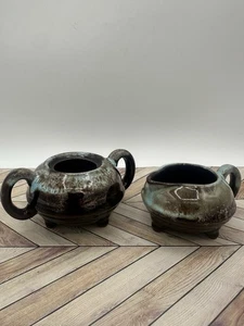 Vintage Handarbeit Kunstkeramik Zuckerdose und Milchkännchen Set glasiert braun - Bild 1 von 6