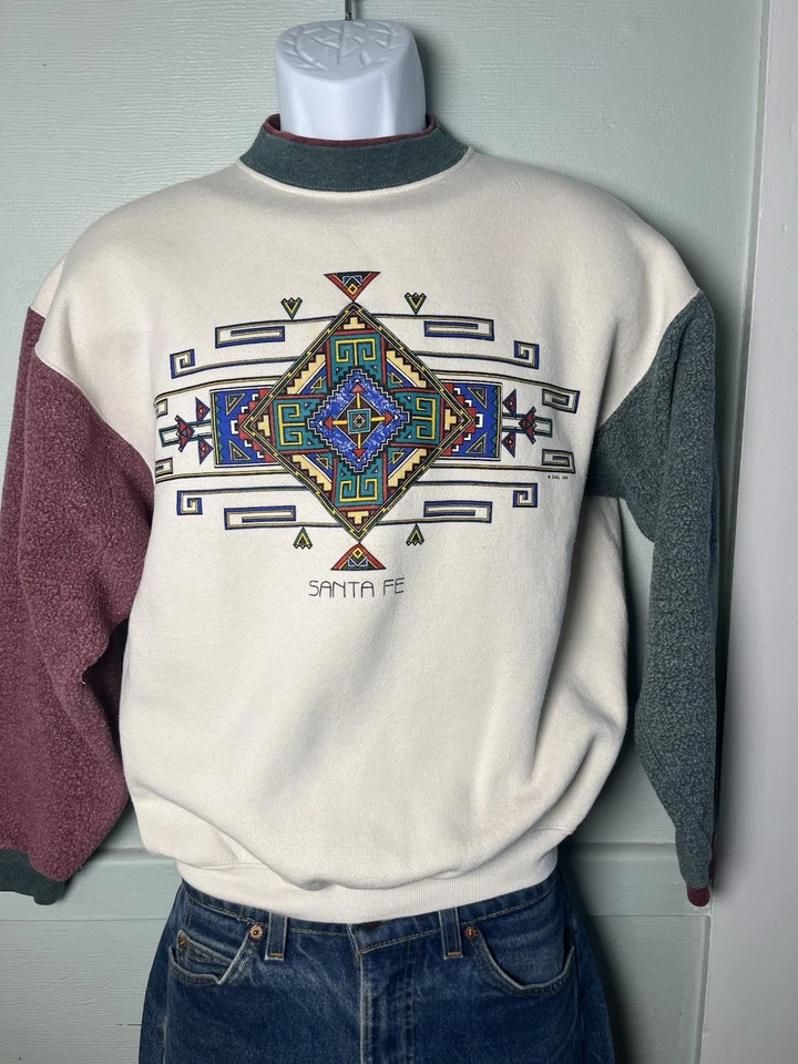 Sudadera De Colección 1994 Santa Fe Blanca Cuello Redondo Talla M Retro Vellón Azteca Y2K Foto 1 de 4