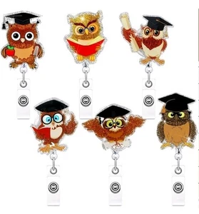 6 Pcs Cute glitter Owl Retractable ID Name Badge Reel w/ Alligator clip Teachers - Picture 1 of 4