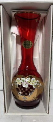 Bohemian Cassovia Ded Glass Red Enameled Vase w Label  Painted With 24ct Gold - Image 1 of 4