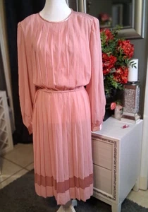 Womens Vintage In The Mood Dress Pink Full Pleat Sheer Satin Trim Size 12 - Picture 1 of 11