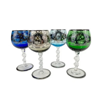 4 Vintage Venetian Glass Cordial Glasses, Silver Overlay Gondola, Twisted Stems - Image 1 of 4