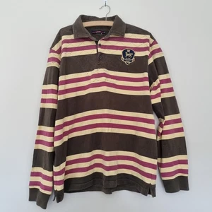 Joules Mens Long-Sleeve Rugby Shirt Brown Stripes Crest Patch Size UK XXL VGC - Picture 1 of 24