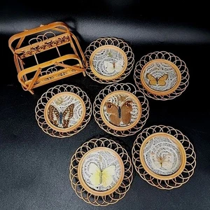 Vintage Schmetterling Rattan Untersetzer 6er Set mit Caddy - Bild 1 von 14