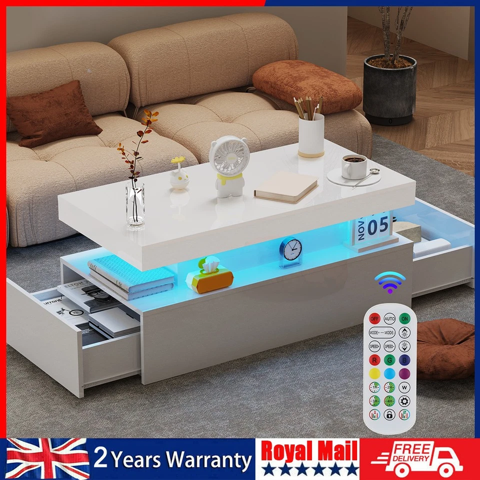 HAMPTON & STEWART High Gloss LED Coffee Table With Storage Wooden 2 Drawer Living Room Furniture