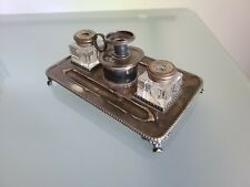 Antique Silver Plated And Crystal Double Inkwell Made In England