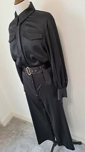 RIVER ISLAND - Black Satin Wide Leg Zip Up & Belted Jumpsuit - Size 10 - BNWT - Picture 1 of 17