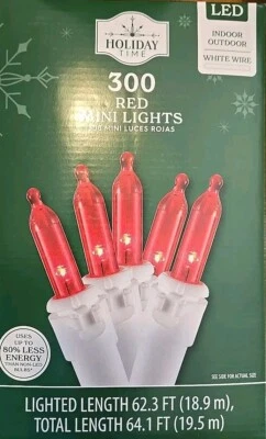 Holiday Time Christmas Lights 300 Red Mini Lights White Wire 64' VALENTINE'S NEW - Image 1 of 4