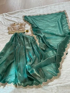 Brand New Tissue Organza Partywear Cocktail Saree with Stitched Blouse Sari - Picture 1 of 7