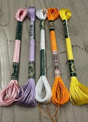 DMC Mouline Satin Embroidery Floss 5 Skeins Pink Purple Orange Yellow White - Image 1 of 4