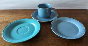 Nancy Calhoun Dinnerware Teacup, Saucers, Bread Plate, Light Blue, Dark Aqua - Picture 1 of 9