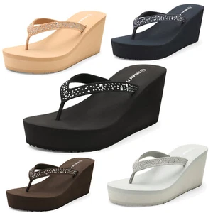 Womens Flip Flops High Wedge Heel Platform T-strap Open Toe Thong Beach Sandals - Picture 1 of 32