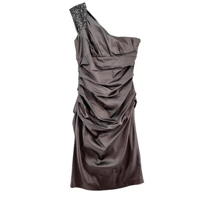 Suzi Chin Womens One Shoulder Satin Dress Gown Gray Ruched Studded Size 6 - Image 1 of 4