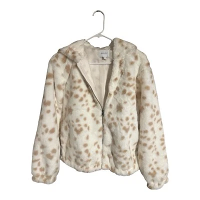 Nine West Women faux fur Animal  Print cheetah zip-up Teddy jacket Cream Size M - Image 1 of 4