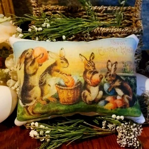 Primitive Farmhouse Vintage Easter Bunnys and Eggs Tuck pillow Peg/Door hanger - Picture 1 of 1
